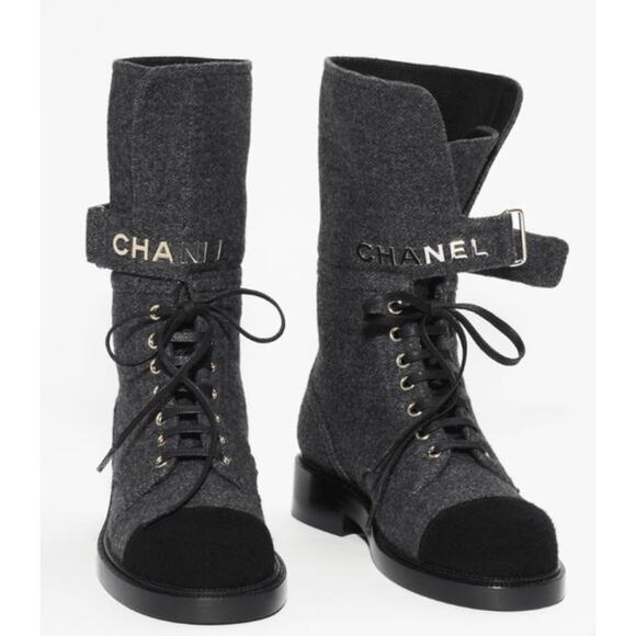 Chanel 2021 Interlocking CC Cap Toe Tweed Logo Combat Boots - Picture 1 of 16